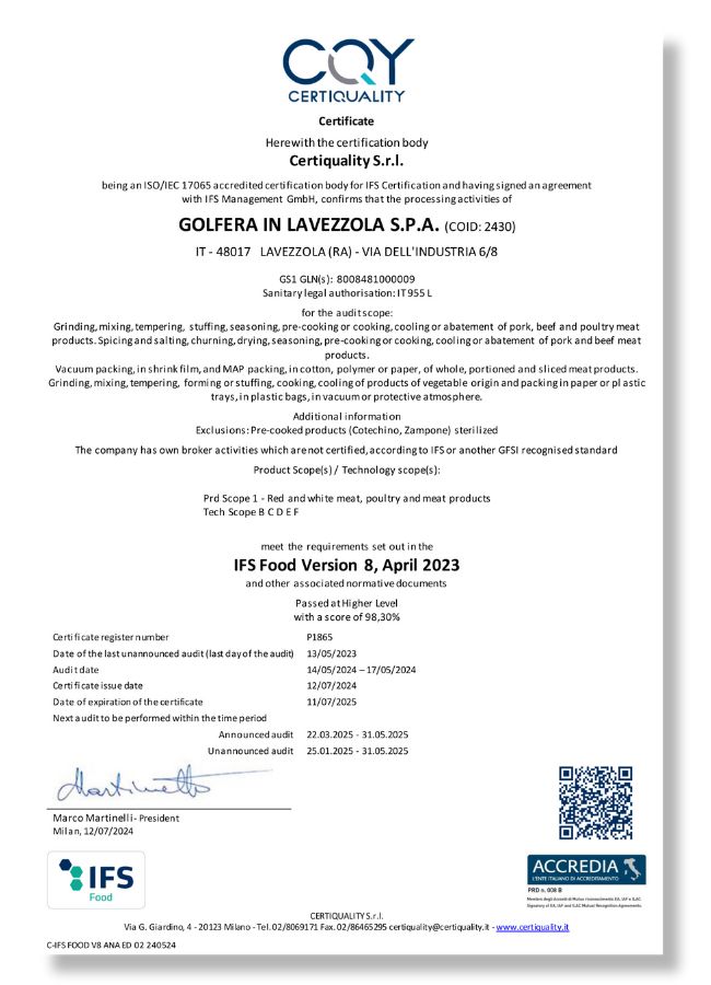 certificato IFS (Lavezzola)