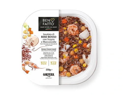 Insalata di riso rosso con seppie e mazzancolle